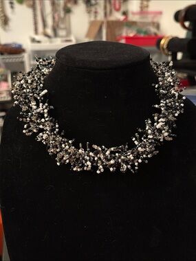 Hand Crafted Black and White Cluster Beaded Collar Necklace